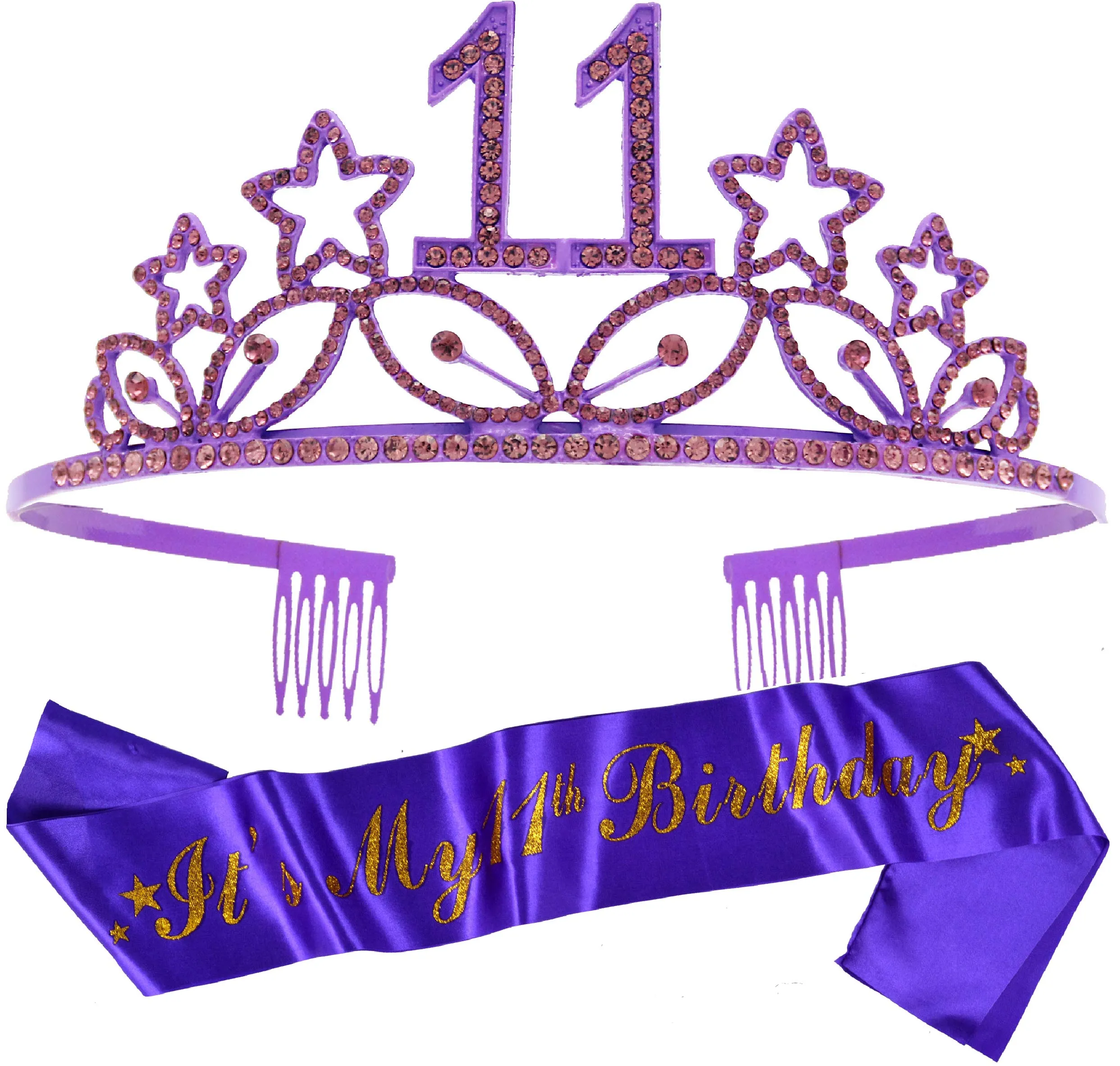 11th Birthday Gifts for Girl, 11th Birthday Tiara and Sash Purple, Happy 11th Birthday