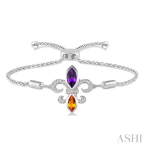 1/20 Ctw Marquise 10x5 MM Amethyst & 8x4 MM Citrine Round Diamond Fleur De Lis Sterling Silver Lariat Bracelet