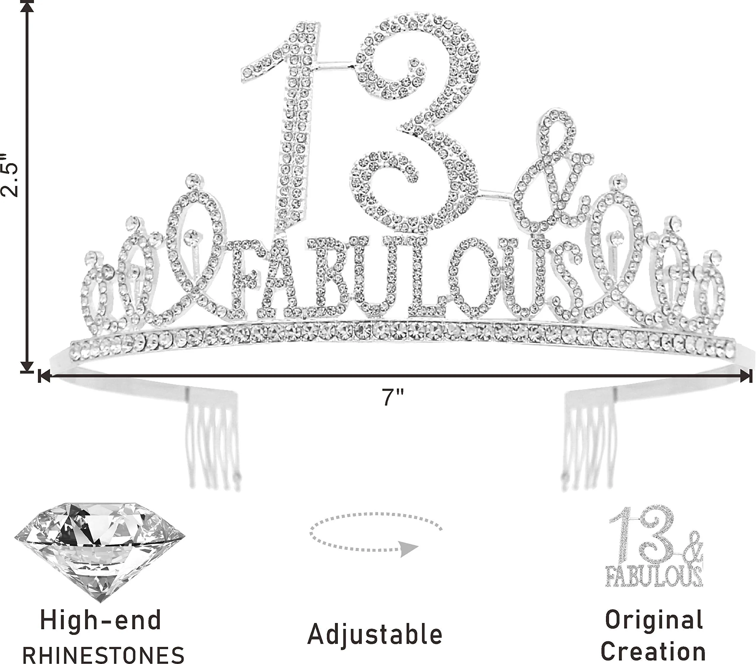 13th Birthday Gifts for Girls,13th Birthday Tiara and Sash Silver,13th Birthday