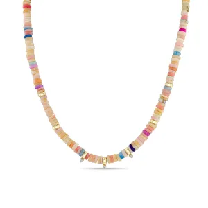 14k Gold & Mixed Pink Opal Rondelle Bead Necklace with 3 Prong Diamonds