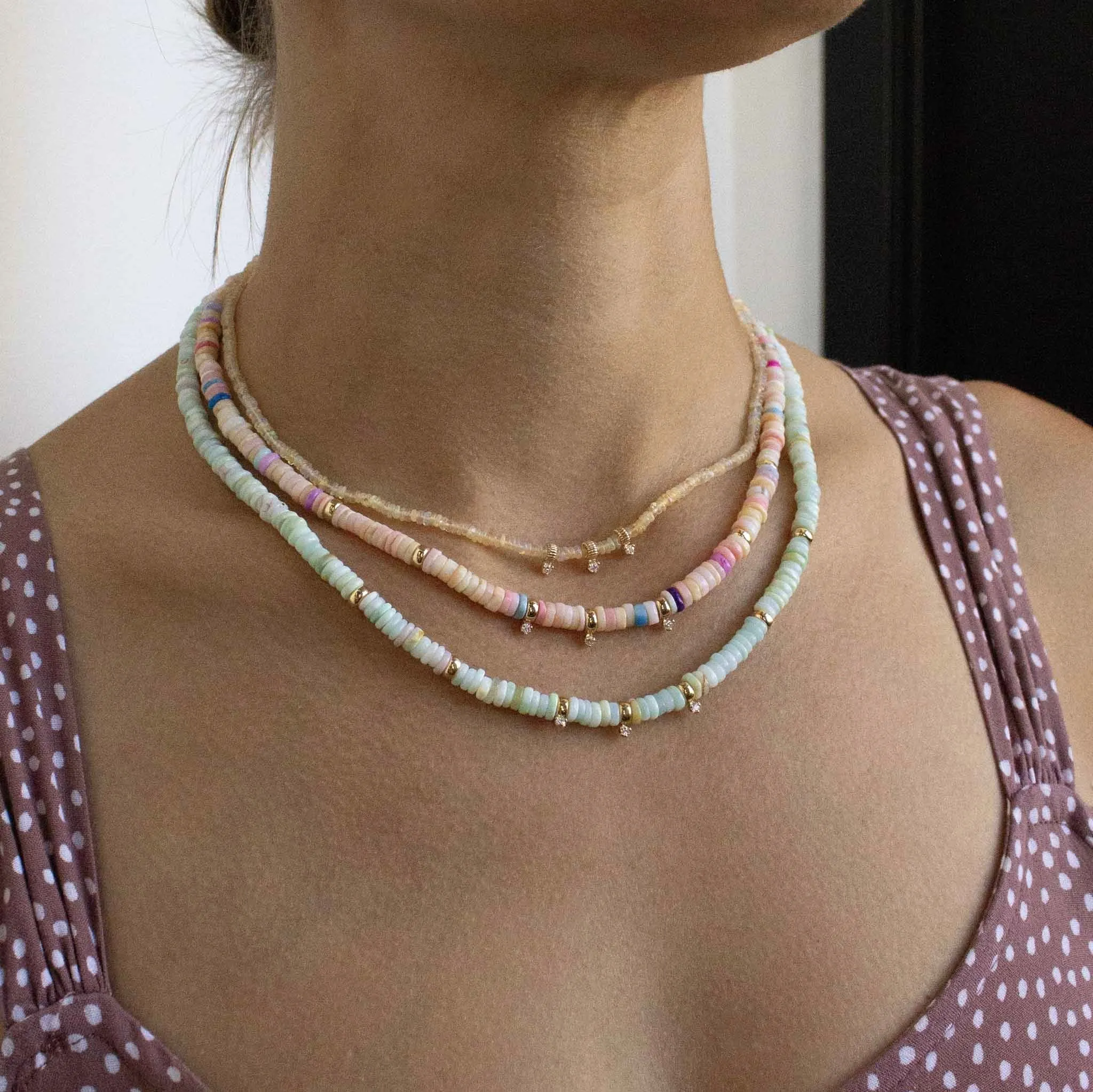 14k Gold & Mixed Pink Opal Rondelle Bead Necklace with 3 Prong Diamonds