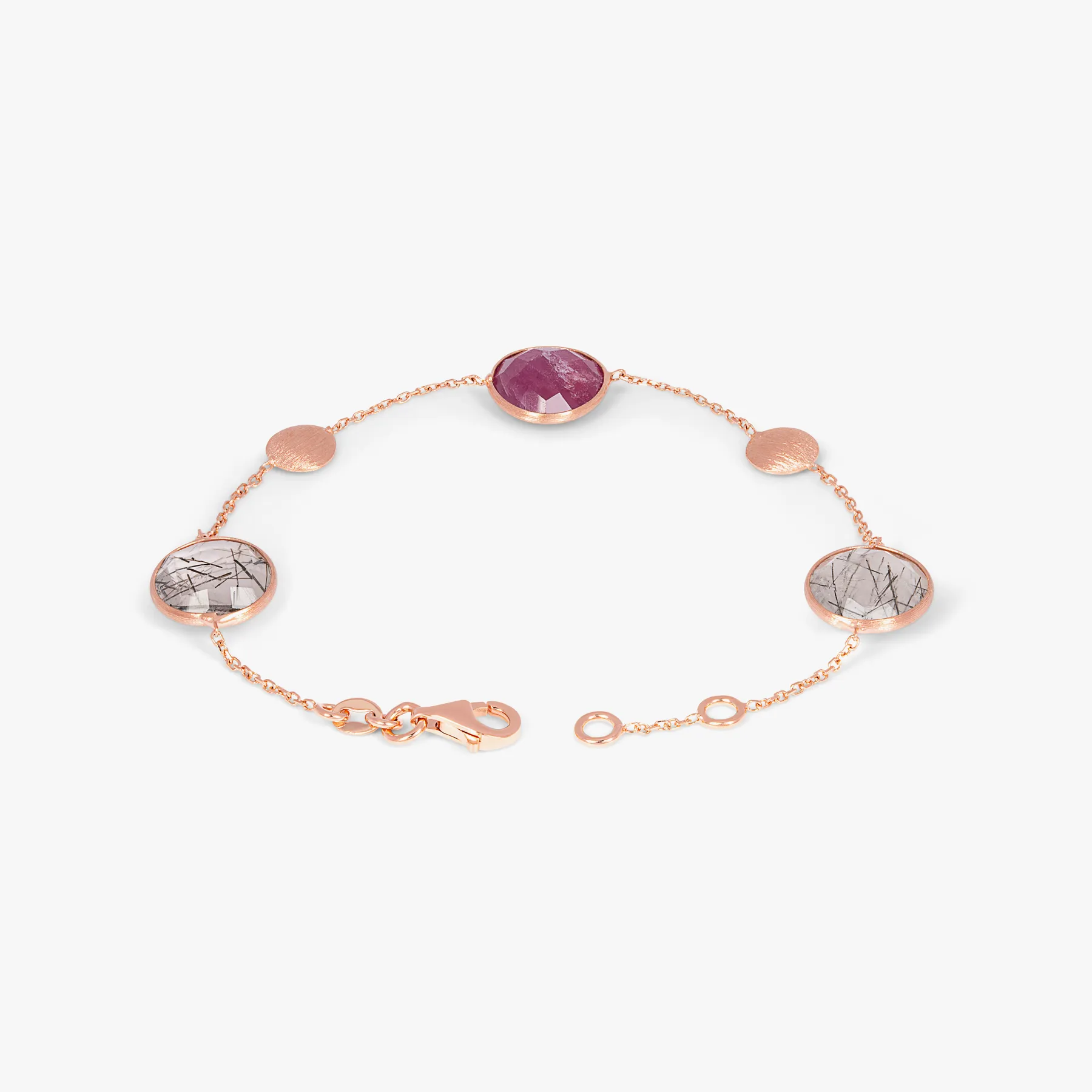 14K satin rose gold Kensington bracelet with black rutilated quartz and ruby