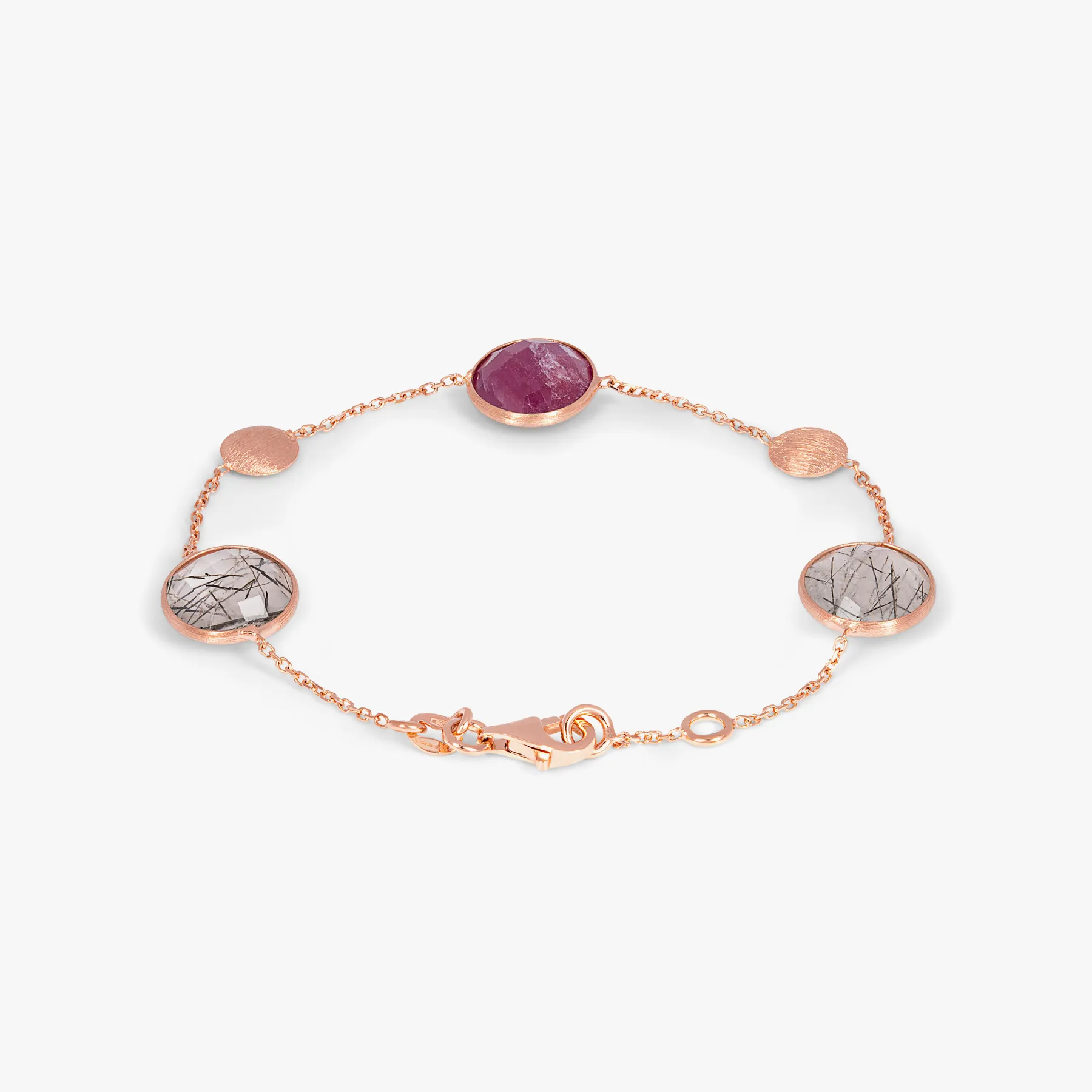 14K satin rose gold Kensington bracelet with black rutilated quartz and ruby