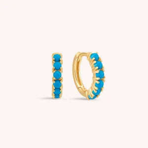 14K Solid Gold Tiny Pave Turquoise Hoop Earrings