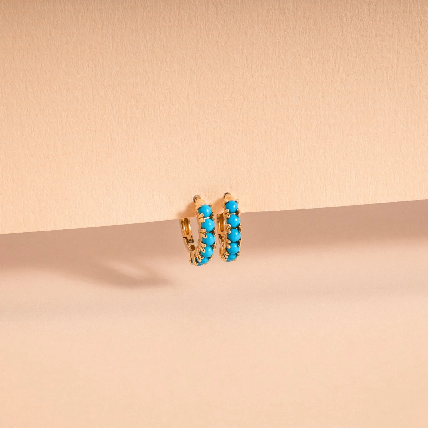 14K Solid Gold Tiny Pave Turquoise Hoop Earrings