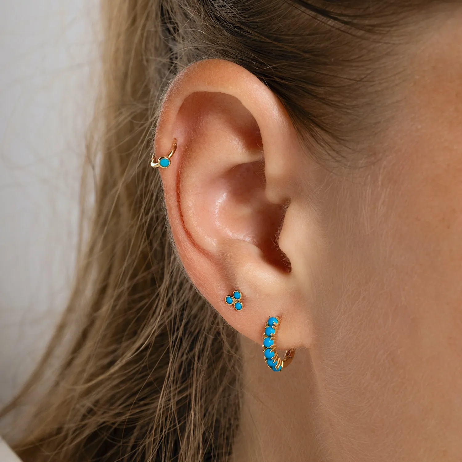 14K Solid Gold Tiny Pave Turquoise Hoop Earrings