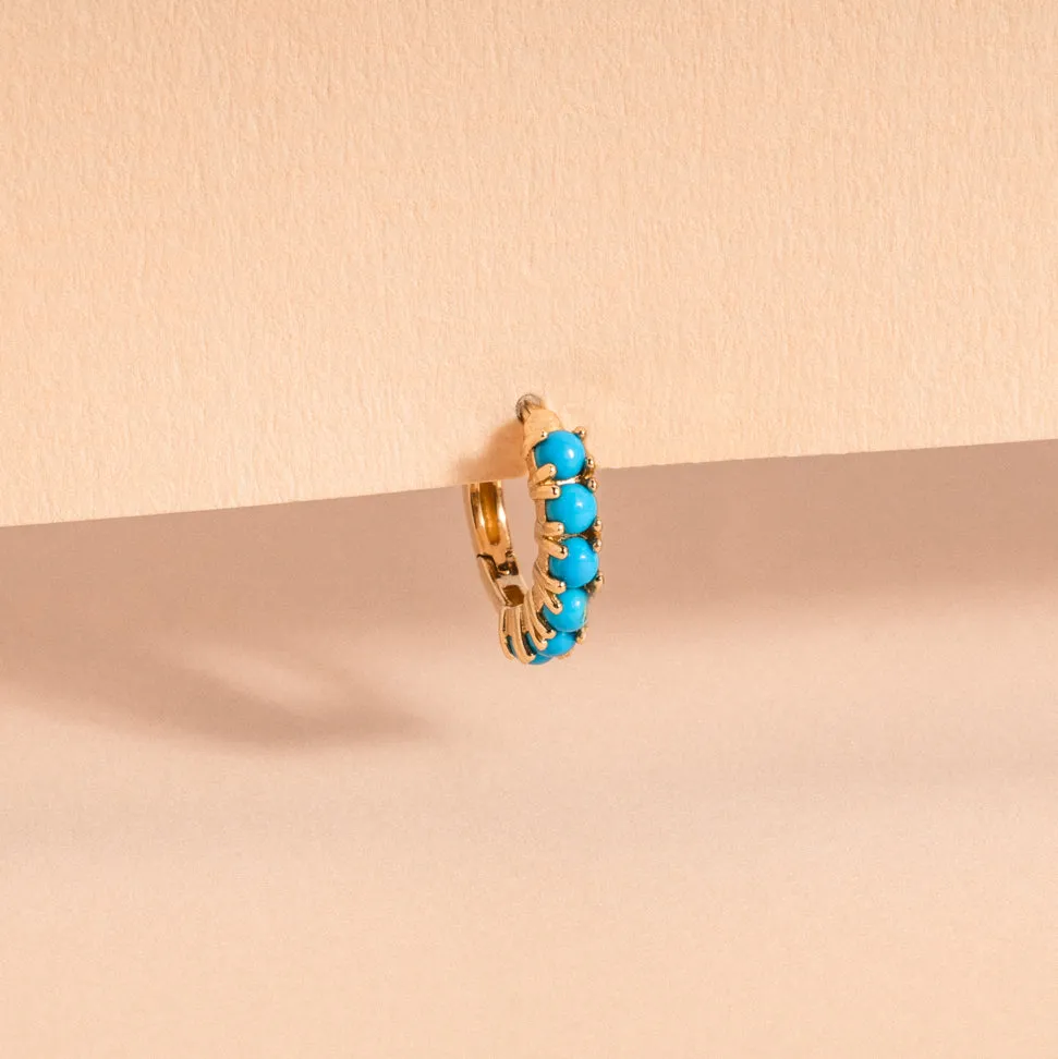 14K Solid Gold Tiny Pave Turquoise Hoop Earrings