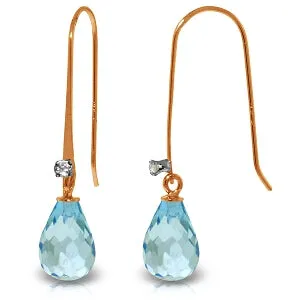 14K Solid Rose Gold Fish Hook Diamond & Blue Topaz Earrings Gemstone