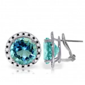 14K Solid White Gold Stud French Clips Earrings Black / White Diamonds & Blue Topaz