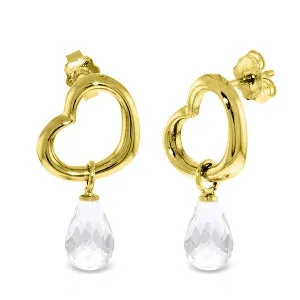 14K Solid Yellow Gold Heart Earrings w/ Dangling Natural White Topaz