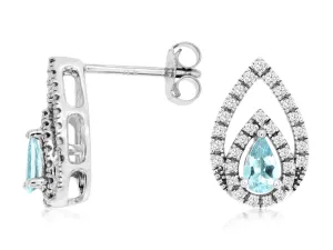 14K White Gold Aquamarine and Double Diamond Halo Stud Earrings