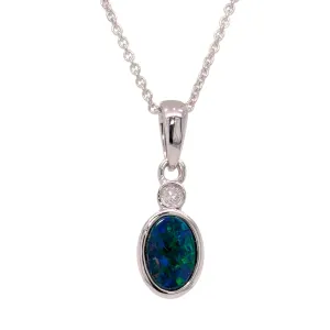 14K White Gold Australian Opal Doublet Petite Necklace with Diamond