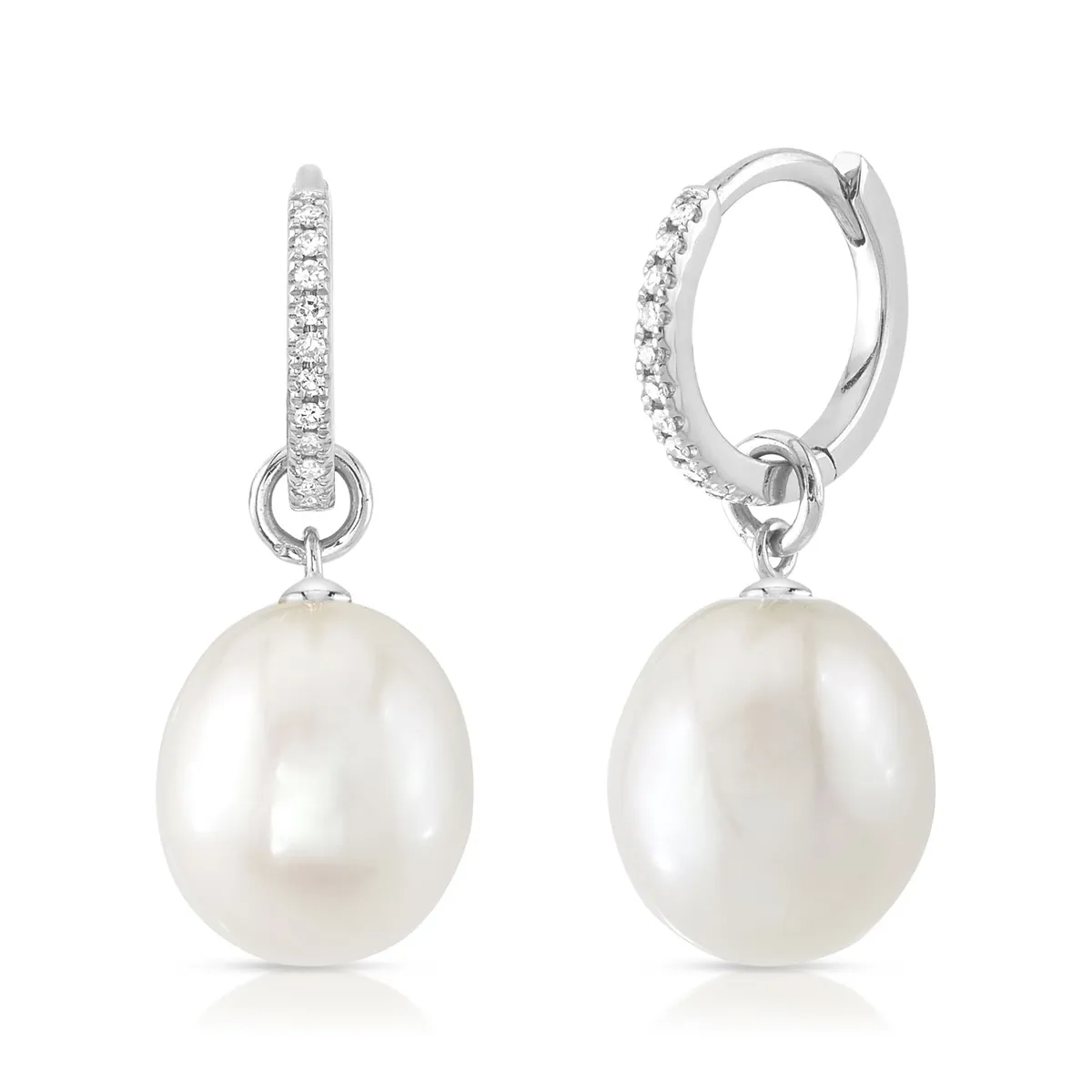 14K White Gold Diamond Hoop Earrings with Cultured Pearl Dangle