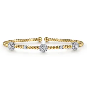 14K White-Yellow Gold Bujukan Bead Cuff Bracelet with Diamond Cluster Stations