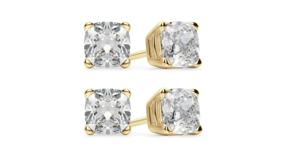 14k Yellow Gold 4Ct Cushion Cut White Sapphire Set Of Two Stud Earrings Plated