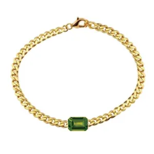 14K Yellow Gold Bezel Emerald Cut Peridot Cuban Chain Bracelet