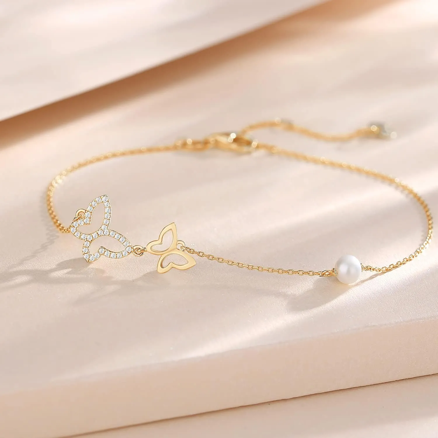 14K Yellow Gold Butterfly Bracelet with 4MM Freshwater Pearls Luxury Cubic Zircon Adjustable Bracelet Real Pearl Fine Jewelry