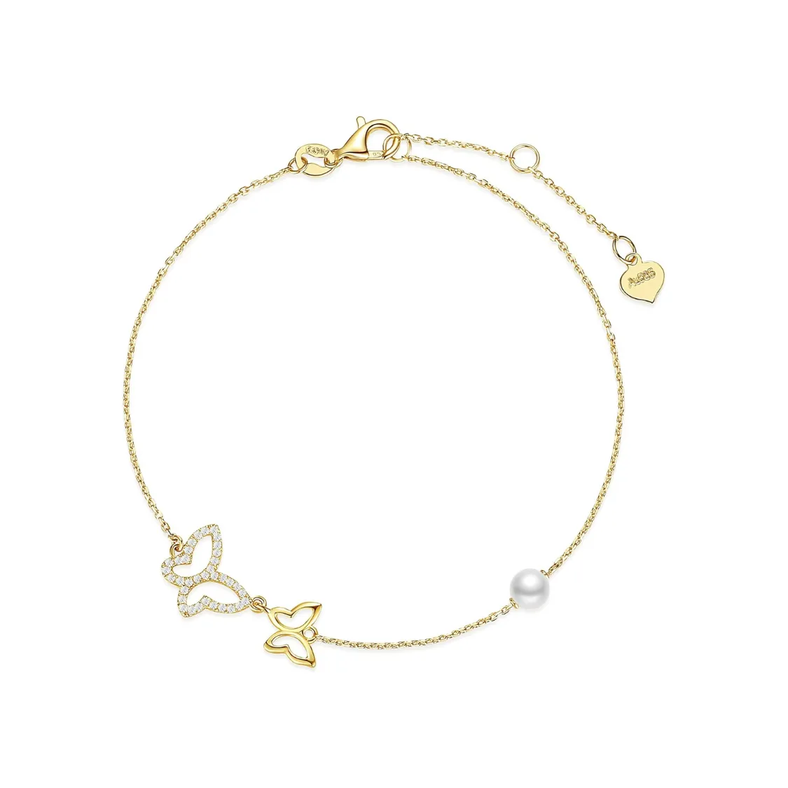 14K Yellow Gold Butterfly Bracelet with 4MM Freshwater Pearls Luxury Cubic Zircon Adjustable Bracelet Real Pearl Fine Jewelry