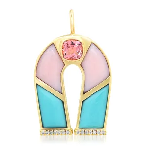 14K Yellow Gold Pink Tourmaline, Pink Opal and Turquoise Horseshoe Necklace