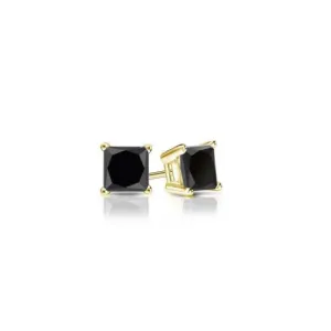 14k Yellow Gold Plated 3 Carat Princess Cut Created Black Sapphire Stud Earrings