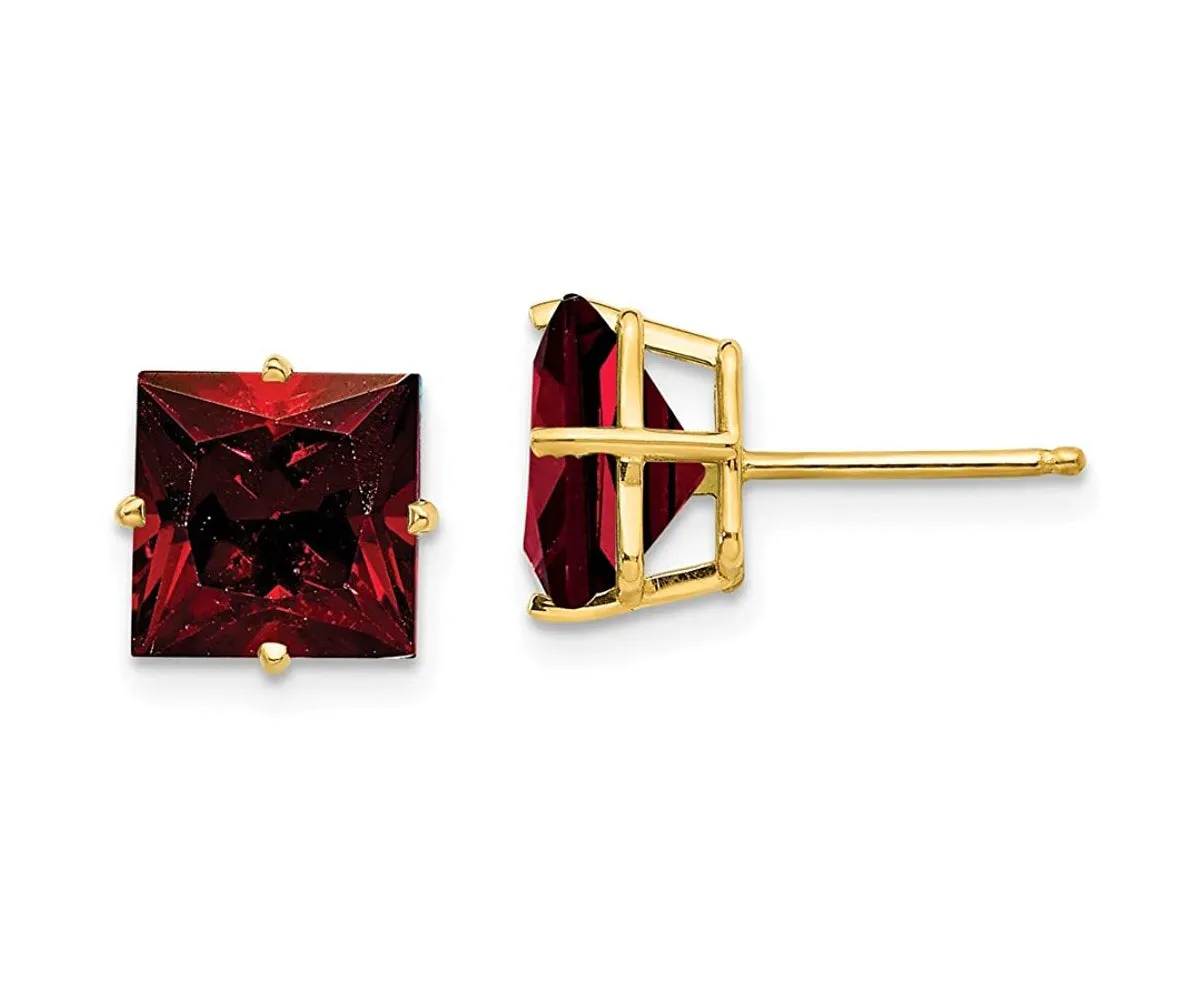 14k Yellow Gold Plated 3 Carat Princess Cut Created Garnet Sapphire Stud Earrings