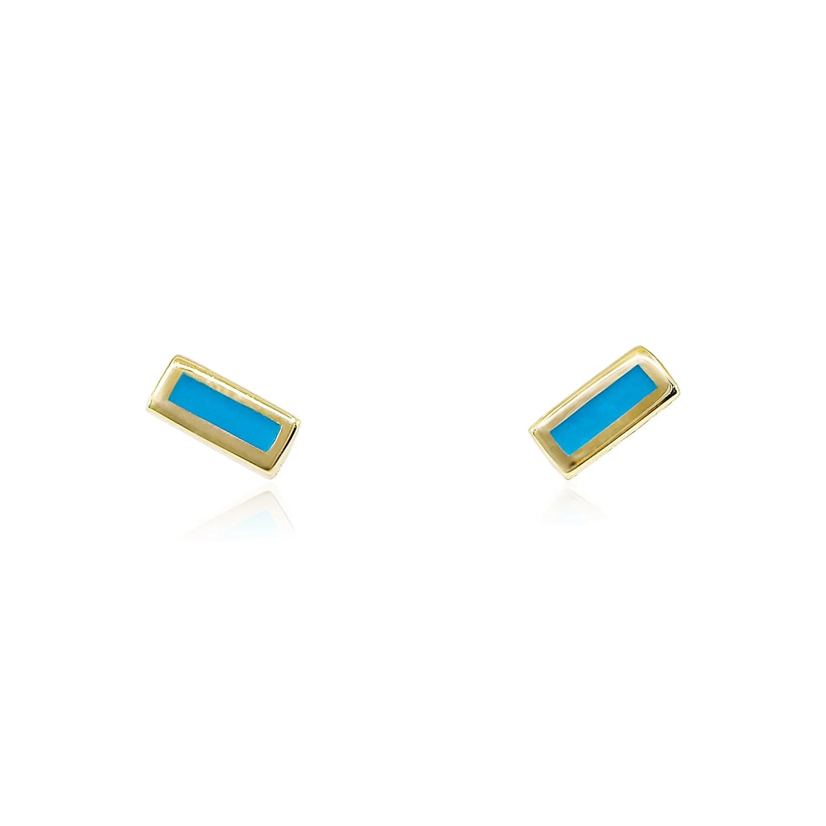 14K YELLOW GOLD TURQUOISE ENAMEL BAR STUD EARRINGS