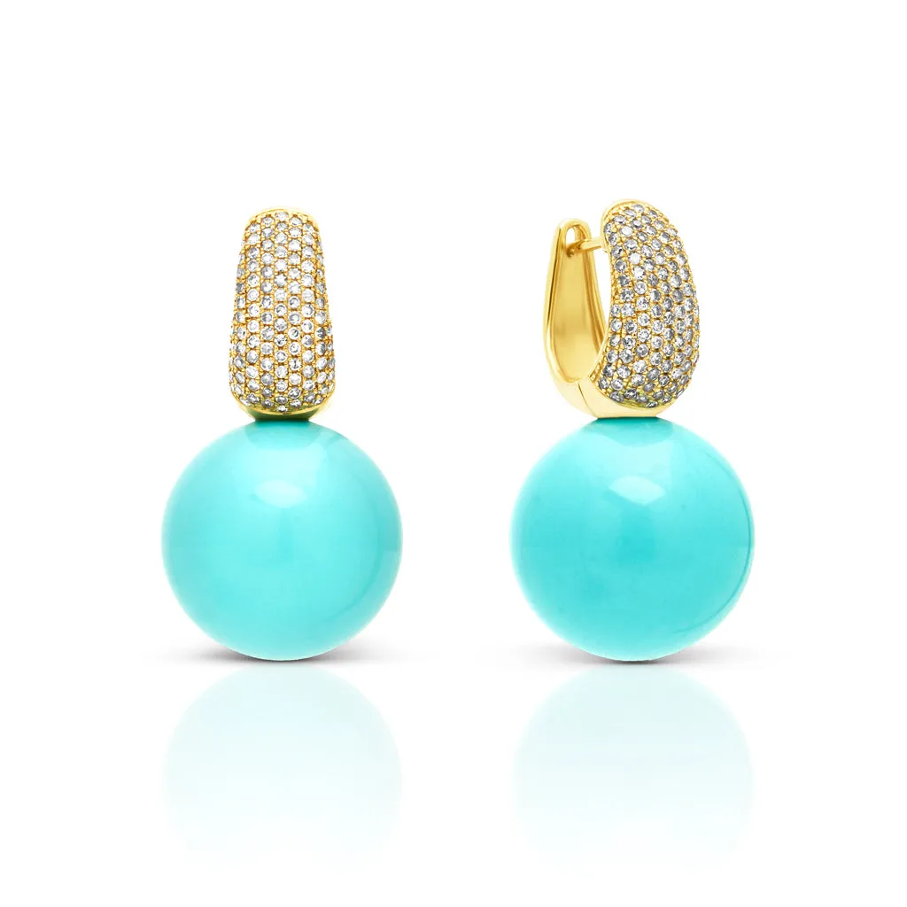 14KT Yellow Gold Diamond Huggie and Turquoise Gumball Earrings