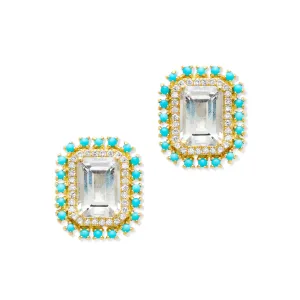 14KT Yellow Gold Topaz Turquoise Diamond Monaco Stud Earrings