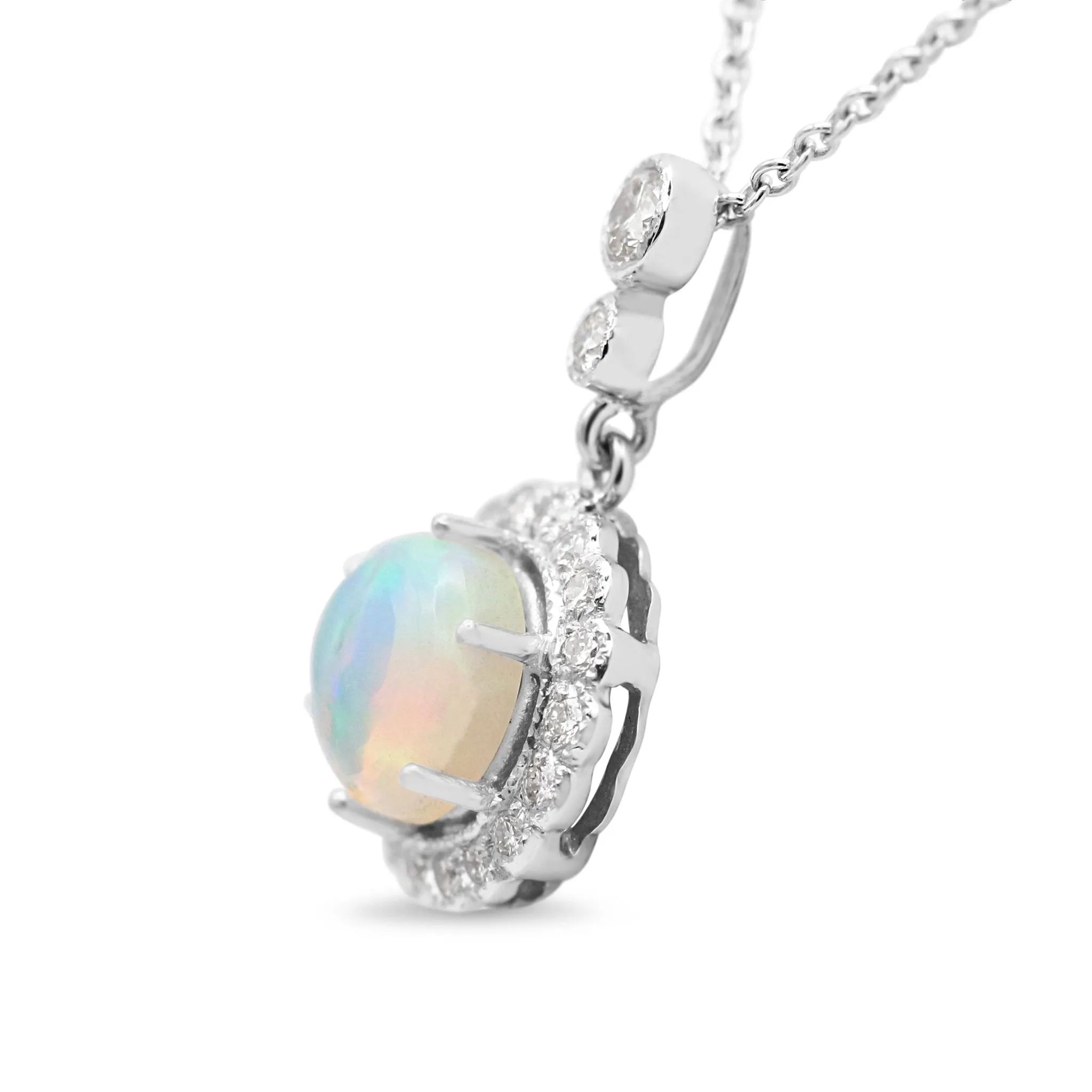 18ct White Gold Diamond & Opal Cluster Necklace 16"-18"