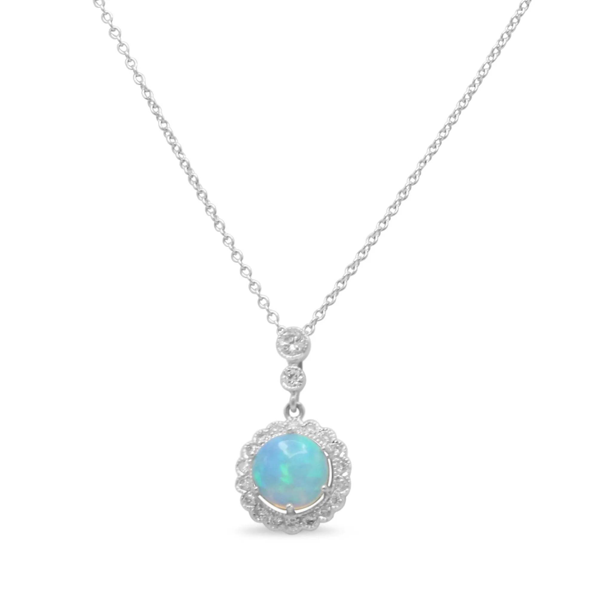 18ct White Gold Diamond & Opal Cluster Necklace 16"-18"