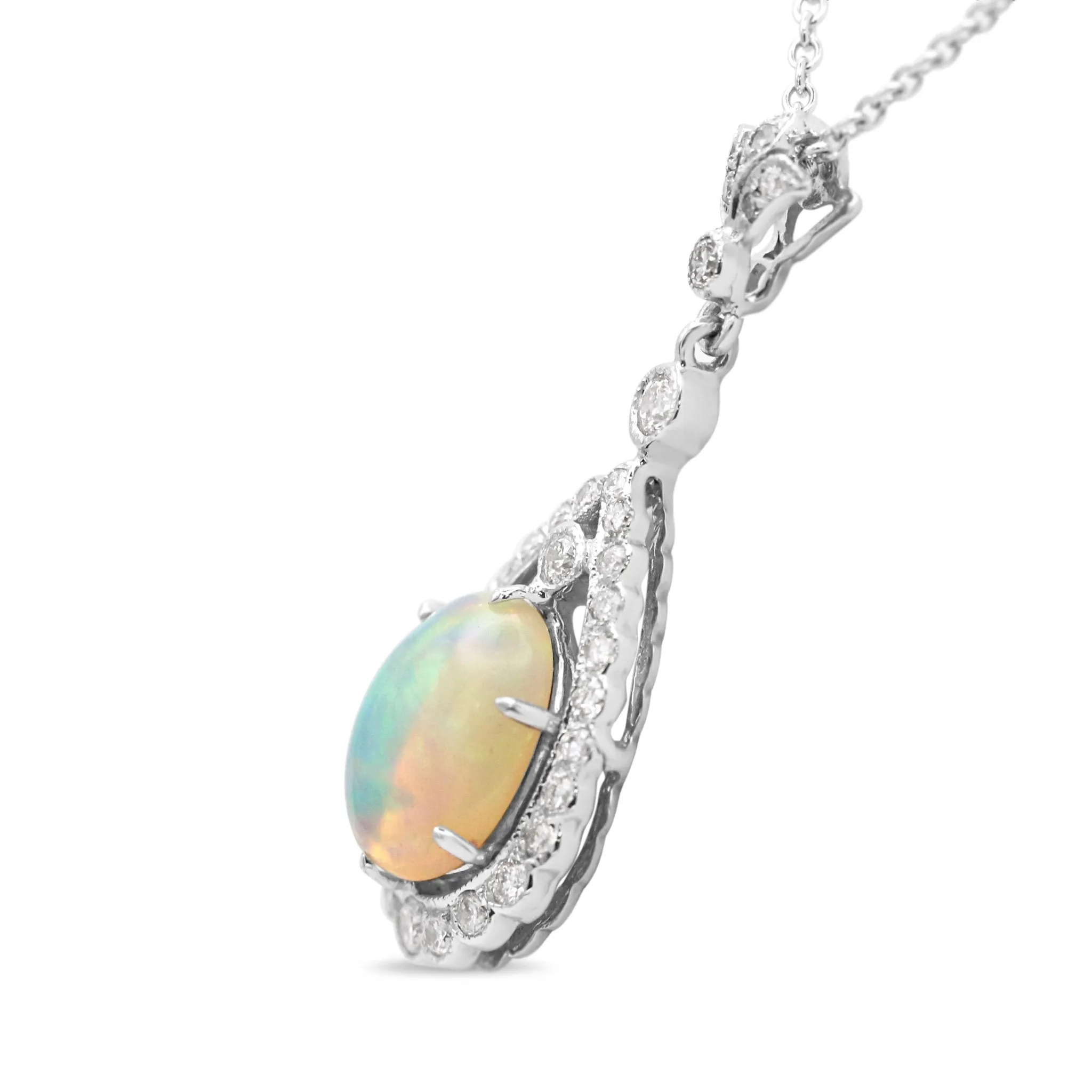 18ct White Gold Diamond and Opal Drop Necklace 16"-18"