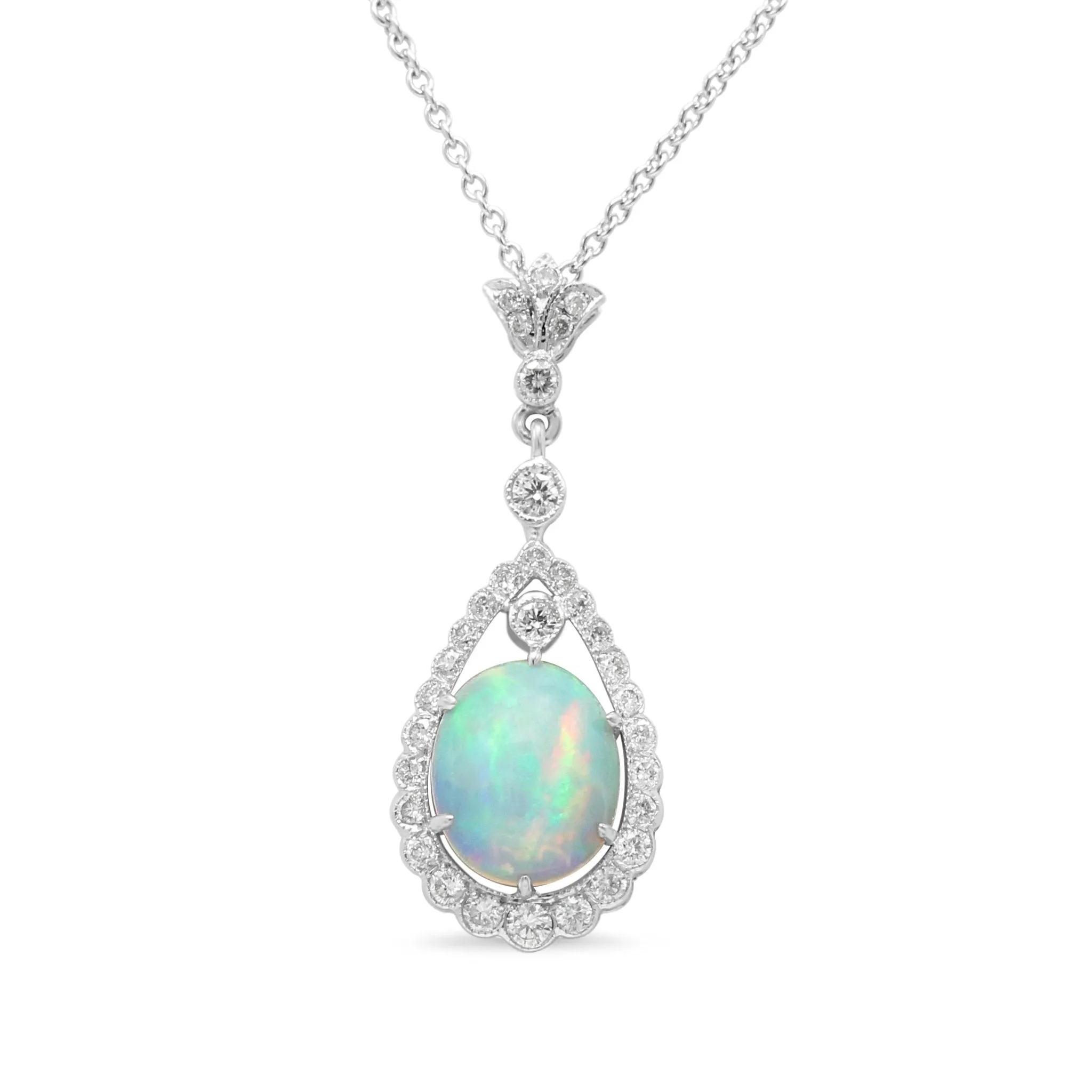 18ct White Gold Diamond and Opal Drop Necklace 16"-18"