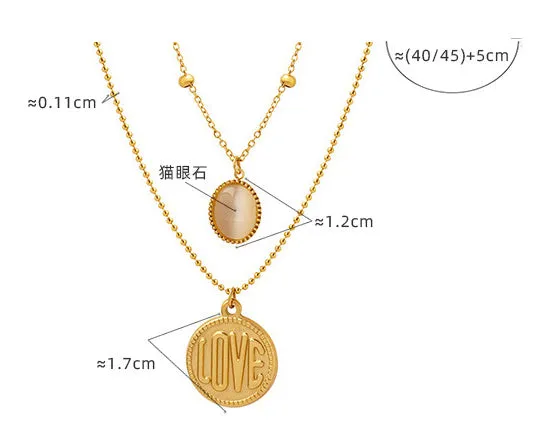 18K Gold Classic Simple LOVE Round Plate with Opal Double Layer Necklace