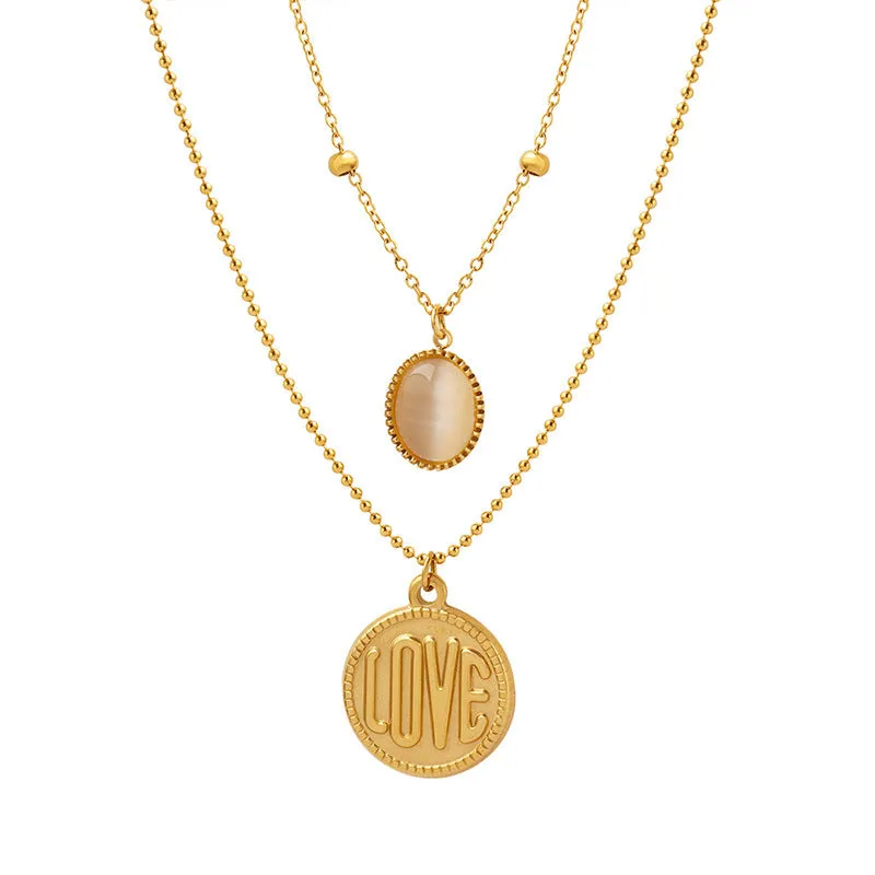 18K Gold Classic Simple LOVE Round Plate with Opal Double Layer Necklace