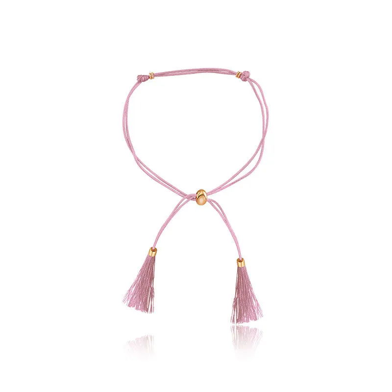 18k Gold Pink Tassel Bracelet with Gold Beads