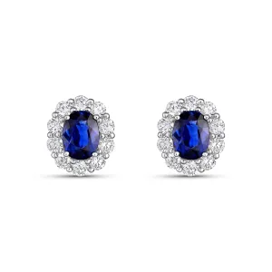 18K White Gold Oval Sapphire and Diamond Stud Earrings