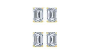 18k Yellow Gold 4mm 1/2Ct Emerald Cut White Sapphire Set Of Two Stud Earrings Plated