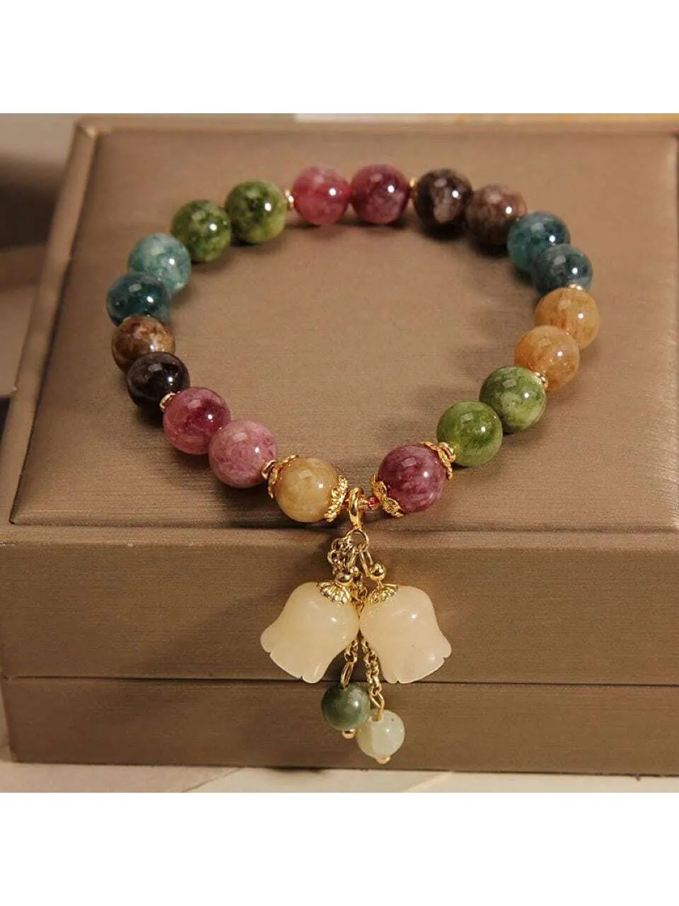 1pc Natural Stone Colorful Citrine Bracelet With Small Bellflower Pendant