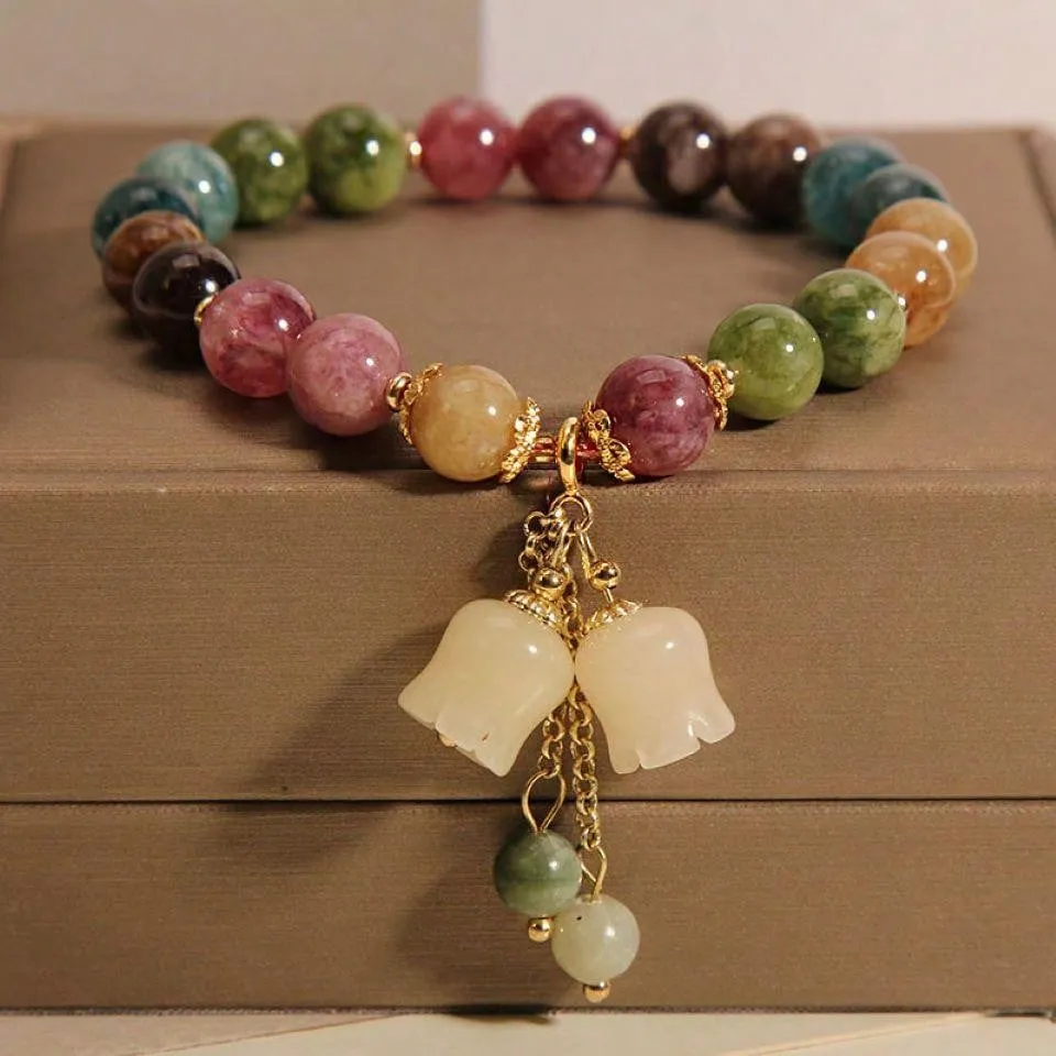 1pc Natural Stone Colorful Citrine Bracelet With Small Bellflower Pendant