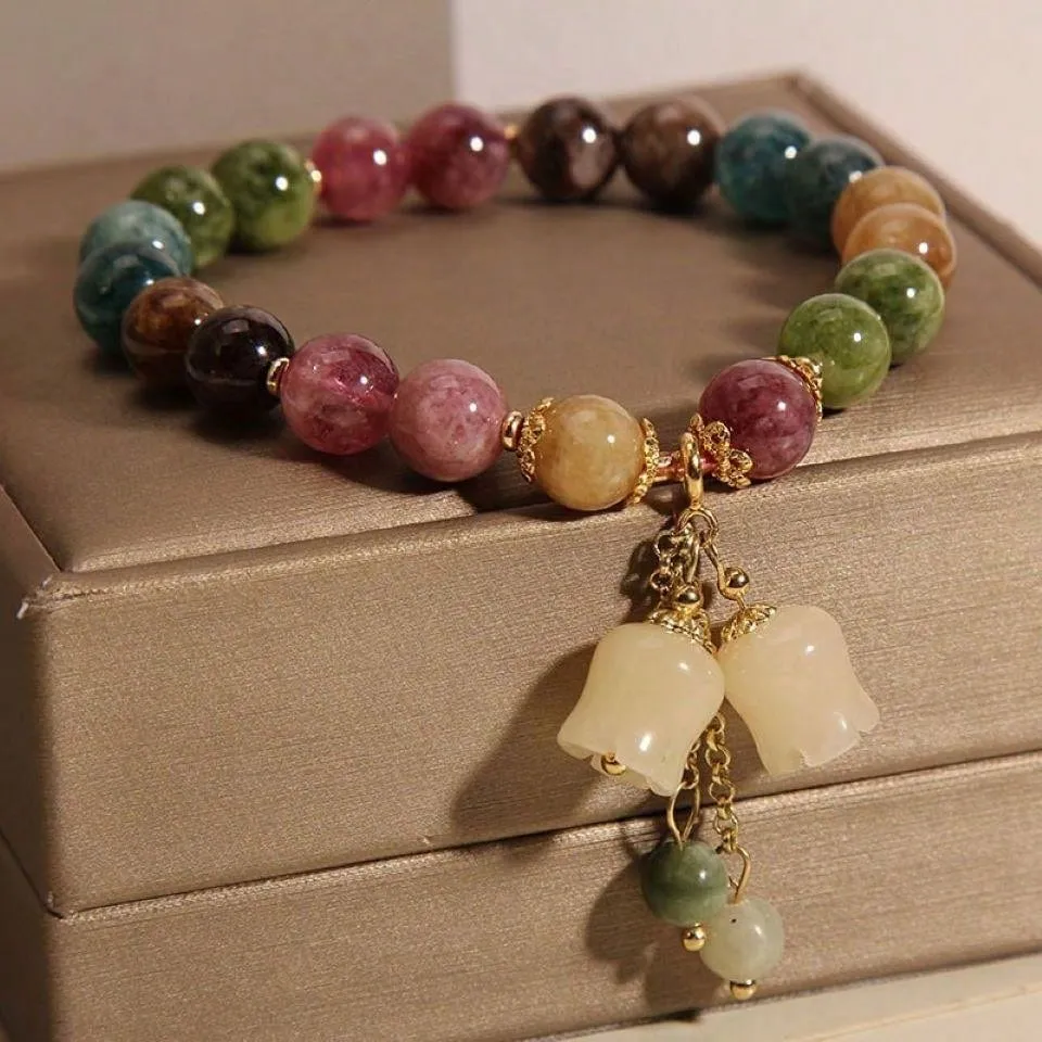 1pc Natural Stone Colorful Citrine Bracelet With Small Bellflower Pendant