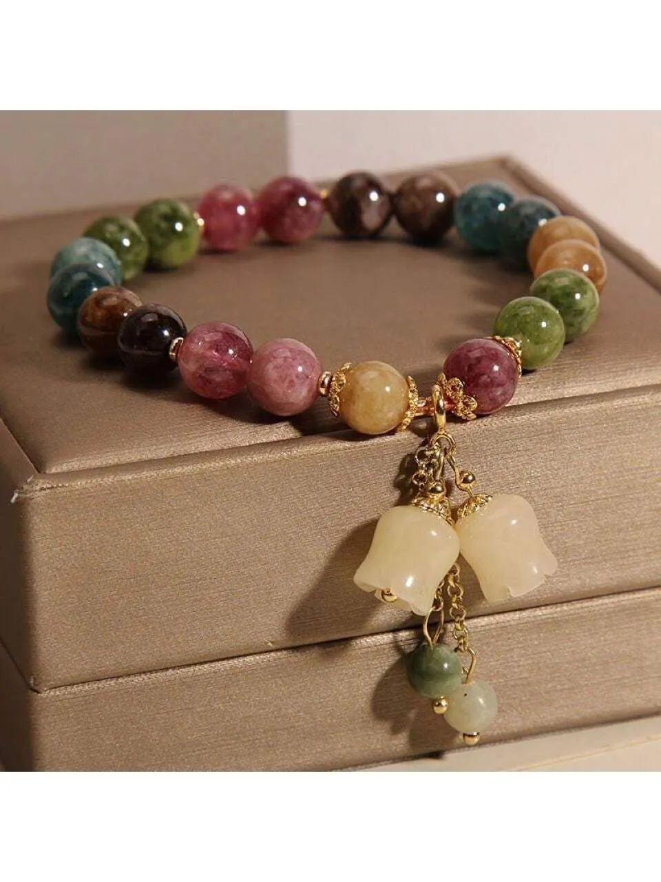 1pc Natural Stone Colorful Citrine Bracelet With Small Bellflower Pendant