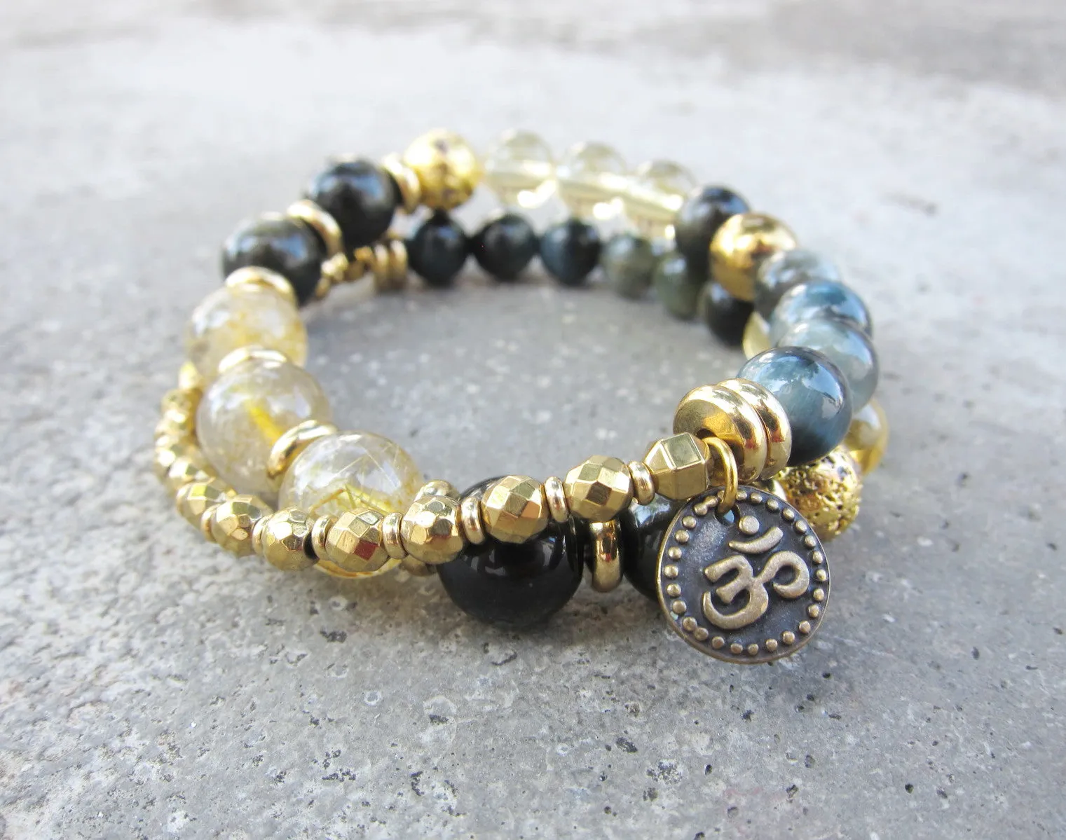 27 Bead Gold Rutilated Quartz, Black Gold Obsidian, Blue Eagle Eye, Gold Hematite Mala Bracelet