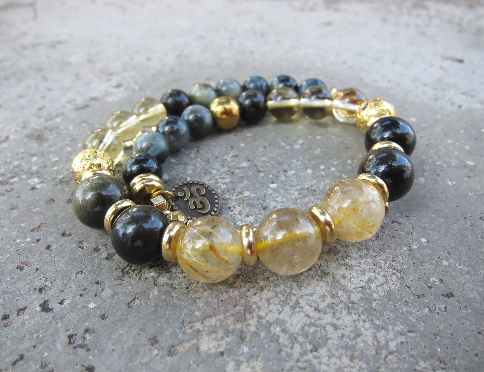 27 Bead Gold Rutilated Quartz, Black Gold Obsidian, Blue Eagle Eye, Gold Hematite Mala Bracelet