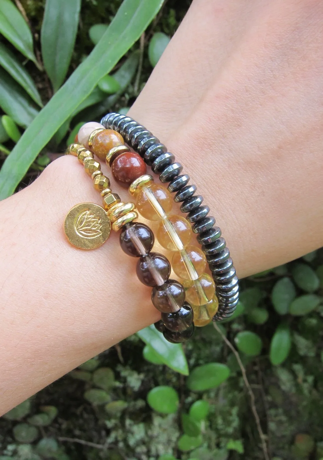 27 Bead Smoky Quartz, Citrine, Petrified Wood Jasper Mala Bracelet