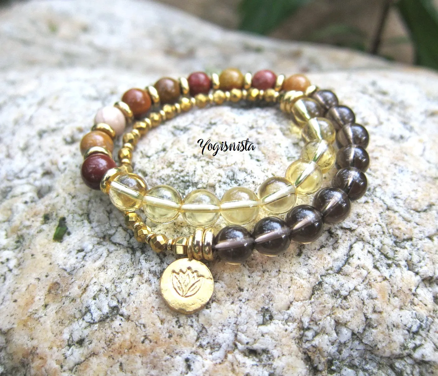 27 Bead Smoky Quartz, Citrine, Petrified Wood Jasper Mala Bracelet