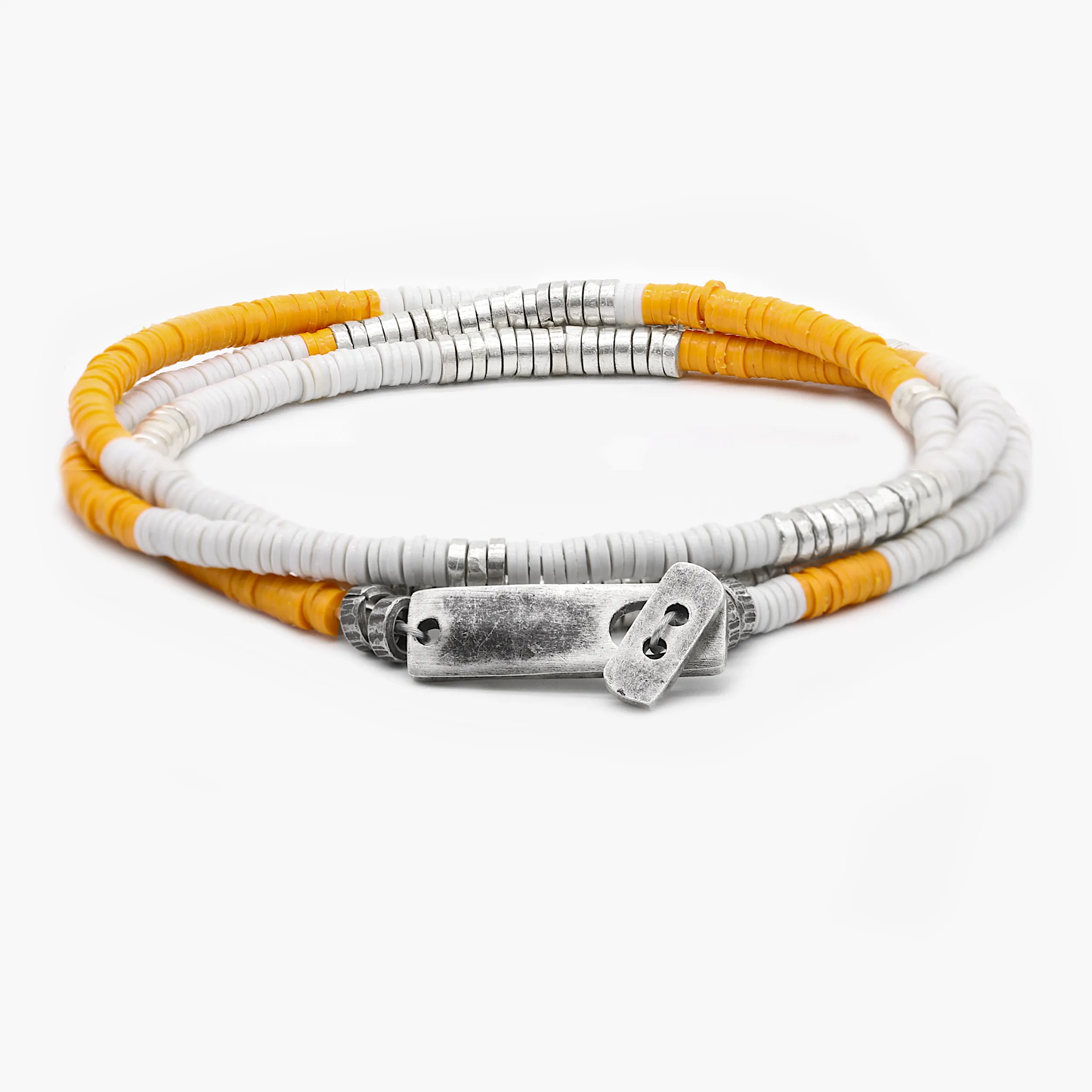 3 Laps Bracelet With Vinyl And Sterling Silver Beads (White/Orange)