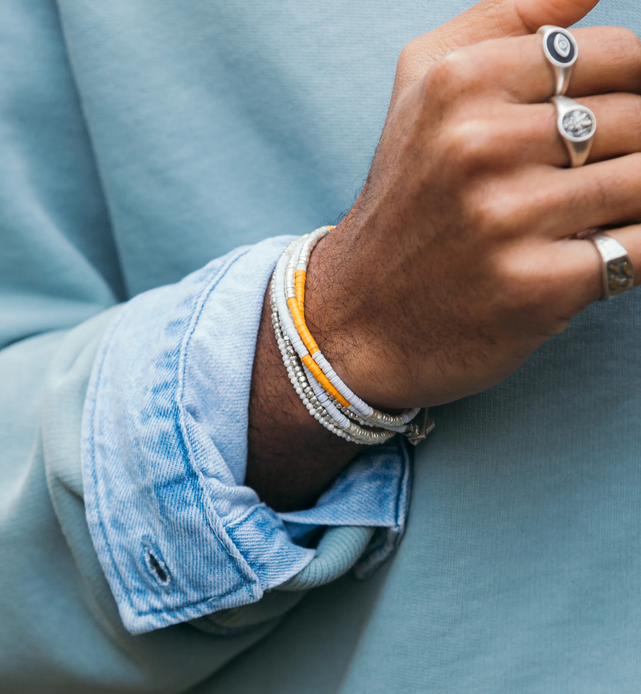 3 Laps Bracelet With Vinyl And Sterling Silver Beads (White/Orange)