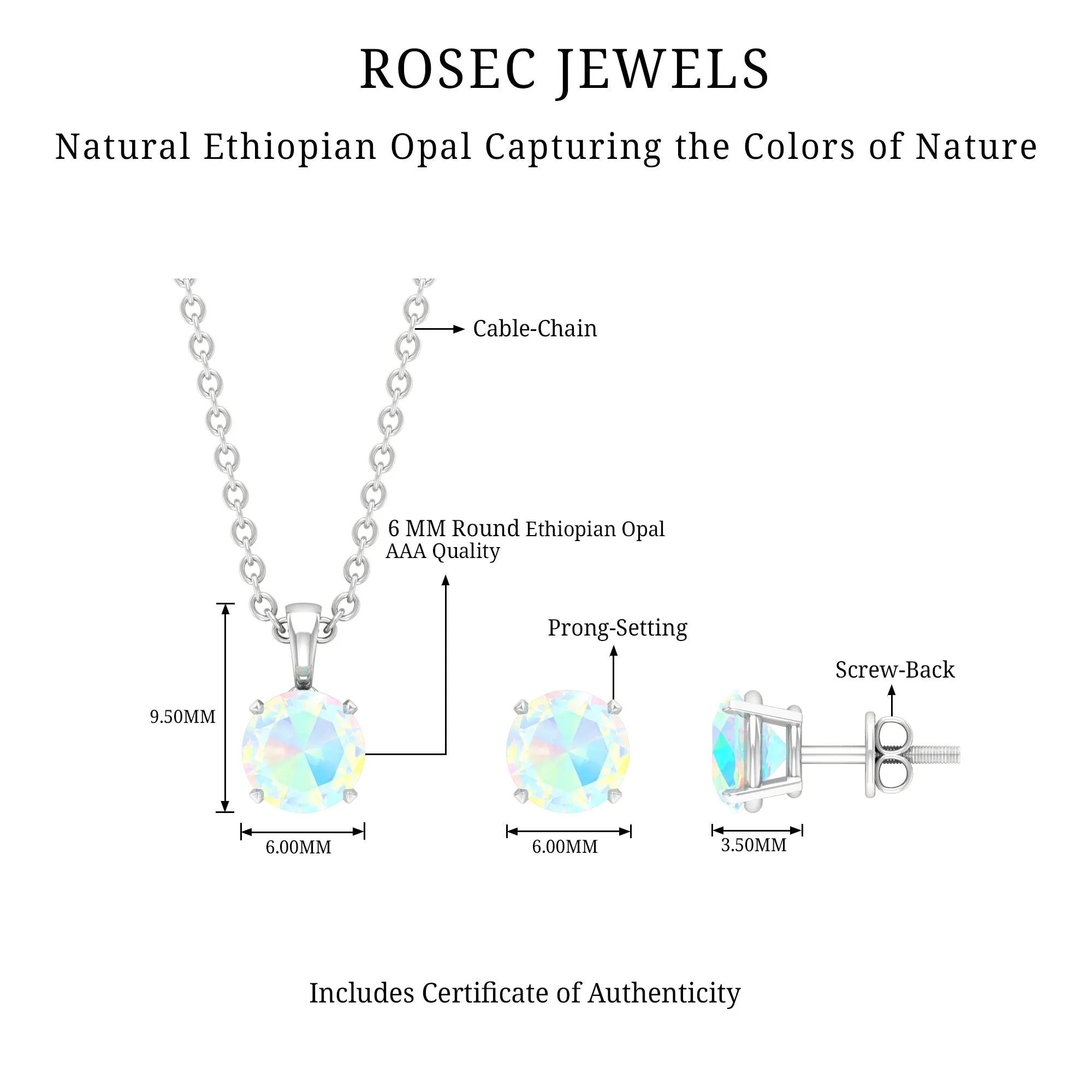 3/4 CT Round Cut Ethopian Opal Solitaire Jewelry Set