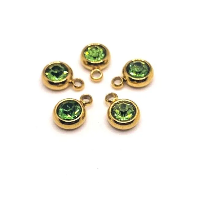 4, 20 or 50 Pieces: 303 Stainless Steel, 18k Gold, Light Green August Birthstone Rhinestone Charms