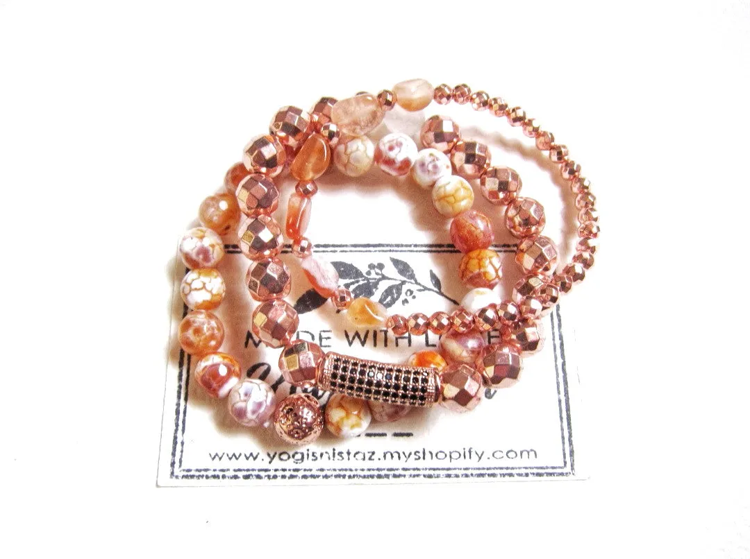 4 Piece Set - Carnelian, Orange Agate, Rose Gold Hematite Mala Stack Bracelets - Sacral Chakra